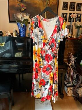 Aldila Floral Wrap Maxi Dress in Red, Yellow, Orange & Gray